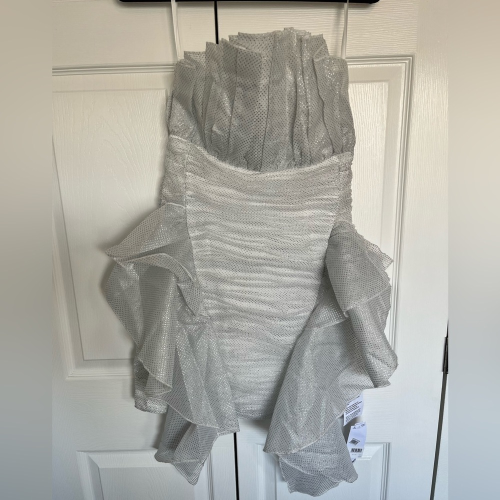 NWT ASOS LUXE White and Silver Glitter bandeau frill mini dress size US 4